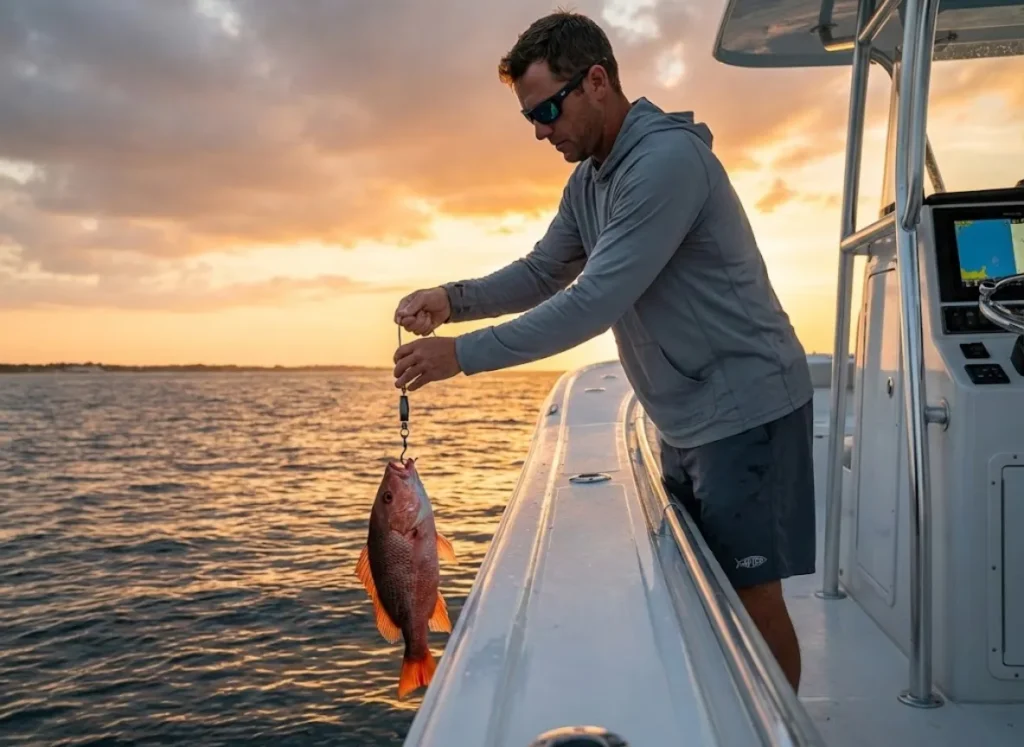 Angler using SeaYaLater descending device on high-gunwale center console boat