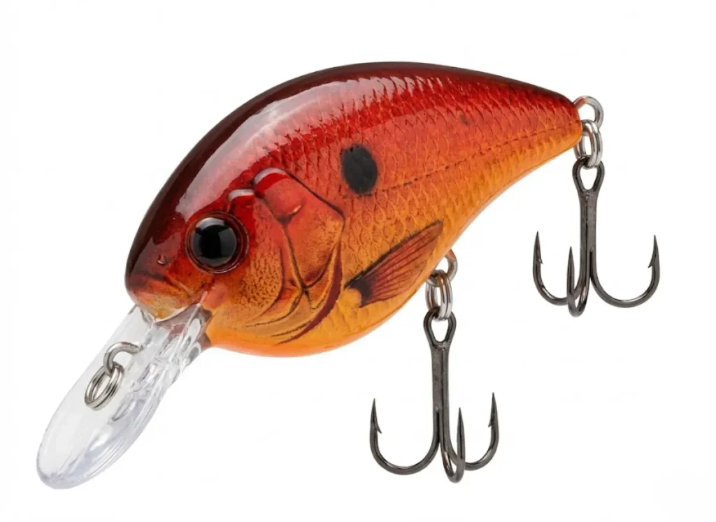 Extreme close-up of a red crayfish-patterned Rapala crankbait, symbolizing the nutritional mandate driving bass migration.