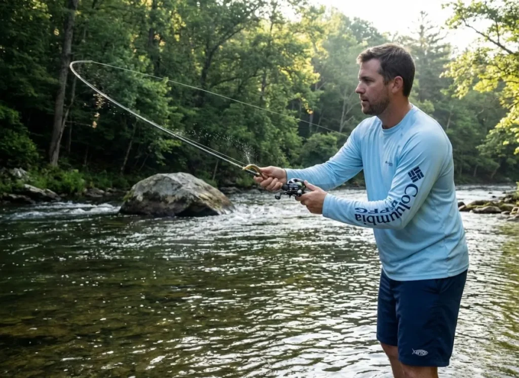 Angler casting into tidal river current seam behind boulder with Daiwa Tatula reel