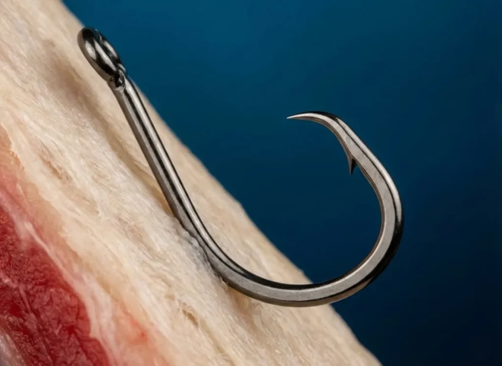 Macro photography showing the specific mechanics of a circle hook engaging the corner of the mouth to prevent deep hooking.