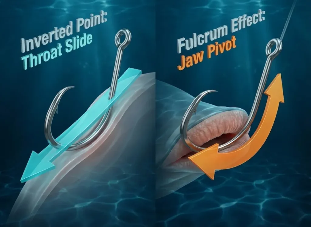 A split-view 3D technical illustration showing the biomechanics of a circle fishing hook. The left side visualizes the "Inverted Point" sliding harmlessly over throat tissue, while the right side demonstrates the "Fulcrum Effect" pivoting and locking into the jaw corner, annotated with vector force arrows.