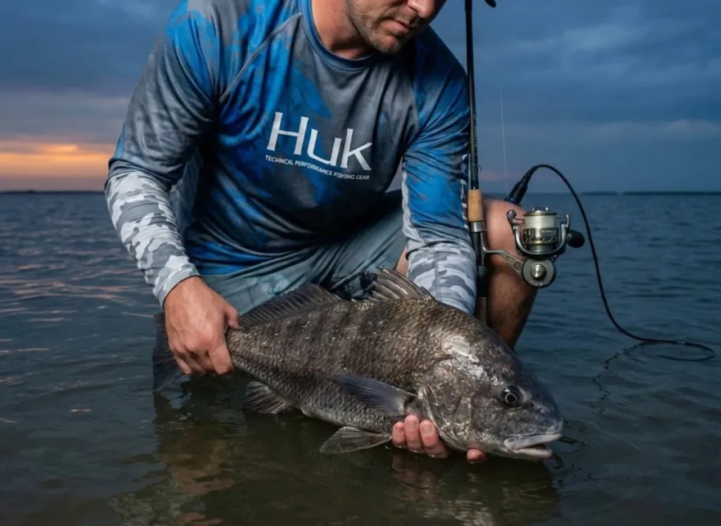 Angler releasing Black Drum in Texas bay at twilight after locating fish using hydrophone acoustic detection