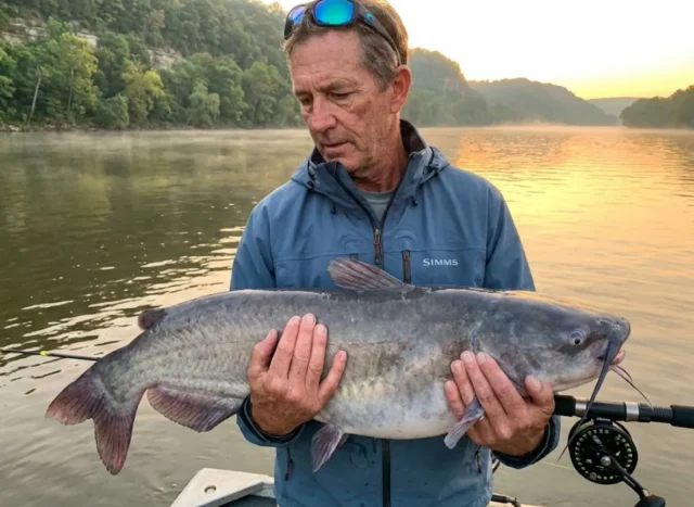 blue-catfish-cut-bait-trophy-catch Angler lifting trophy blue catfish from Tennessee River using cut bait tactics at sunrise