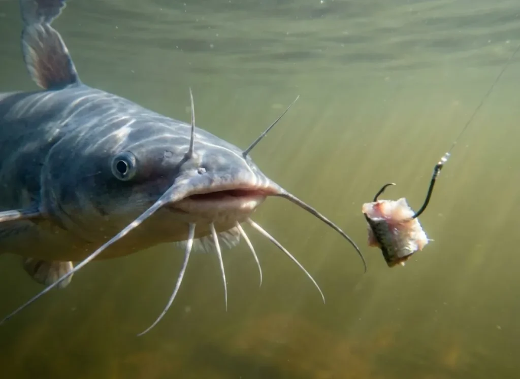 Blue catfish barbels sensing cut bait underwater showing chemoreceptor feeding behavior