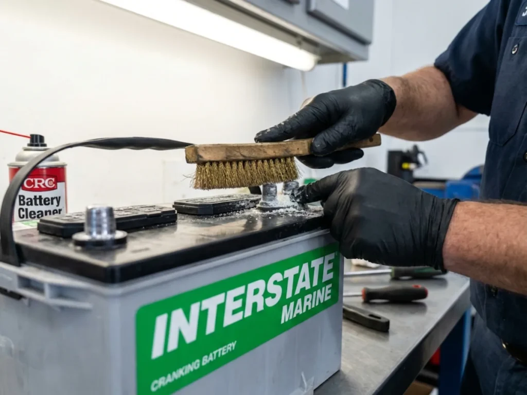 Marine technician cleaning corroded boat battery terminals to prevent sulfation