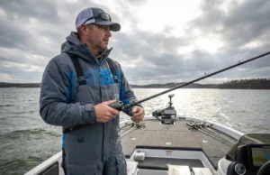 Control Your Boat Position in Heavy Wind A professional angler in a Simms jacket standing confidently on a boat deck in heavy wind and whitecaps, illuminated by dramatic storm sunlight.