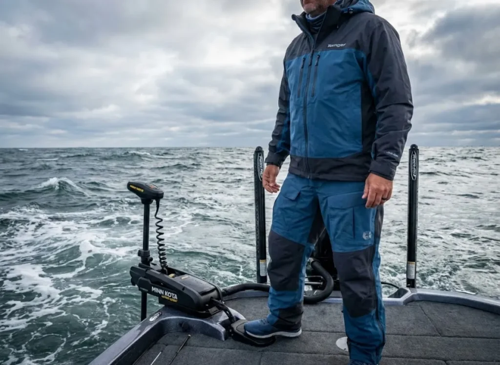 Bass boat with Minn Kota trolling motor and dual Power-Poles holding position in windy whitecaps