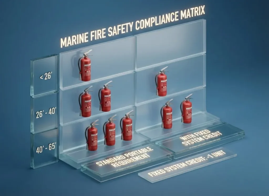 A professional, color-coded compliance matrix for maritime safety, detailing the number of portable fire extinguishers required based on boat length (under 26 feet, 26-40 feet, and 40-65 feet) and the reduced requirements when a fixed fire suppression system is installed.