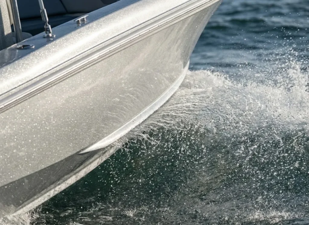 Close-up action shot of a sparkling silver fiberglass boat hull cutting through a wave, with water spray blowing horizontally due to high wind velocity.