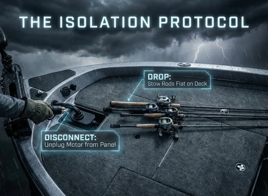 A photo-realistic diagram illustrating boat lightning safety procedures on a bass boat deck. The title reads "THE ISOLATION PROTOCOL". On the left, a hand disconnects a trolling motor plug from a socket, labeled "PHYSICAL DISCONNECT". On the right, fishing rods are stowed flat on the deck floor, labeled "DROP RODS FLAT". The background is a stormy sky.