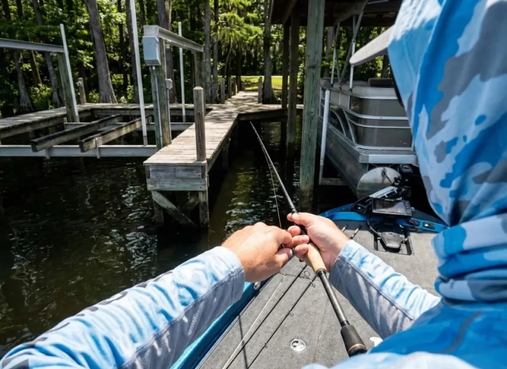 POV shot from a bass boat aiming a fishing rod at a gap in a private floating dock structure.