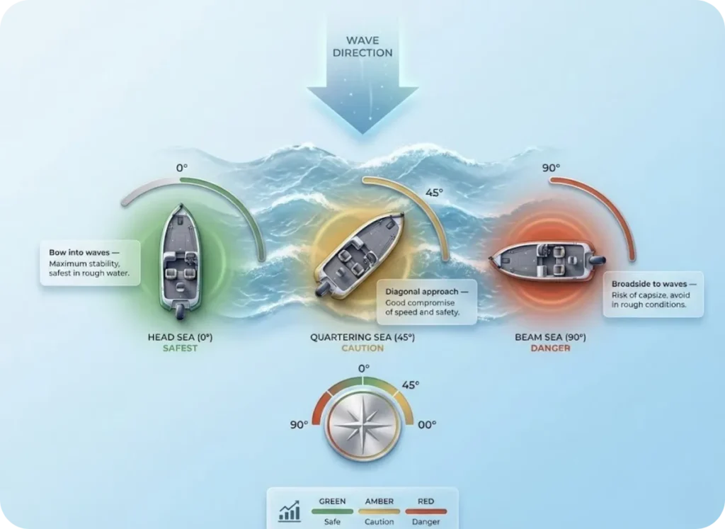 Ultra-premium overhead isometric diagram showing three boat approach angles relative to wave direction — head sea at 0 degrees, quartering sea at 45 degrees, and beam sea at 90 degrees — with sophisticated color-coded safety indicators.