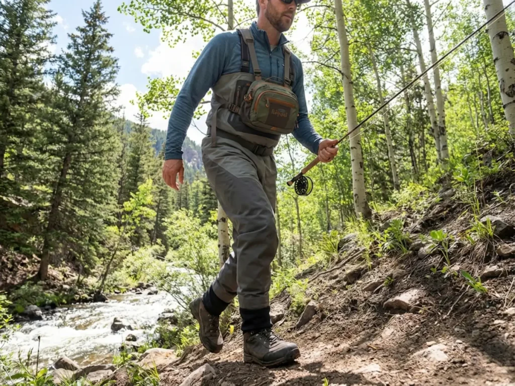 Fly fisherman hiking steep river trail in lightweight breathable waders
