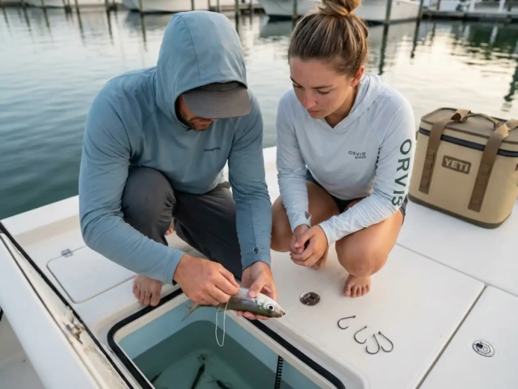 Anglers demonstrating bridling technique for Goggle Eye baitfish using circle hooks at marina