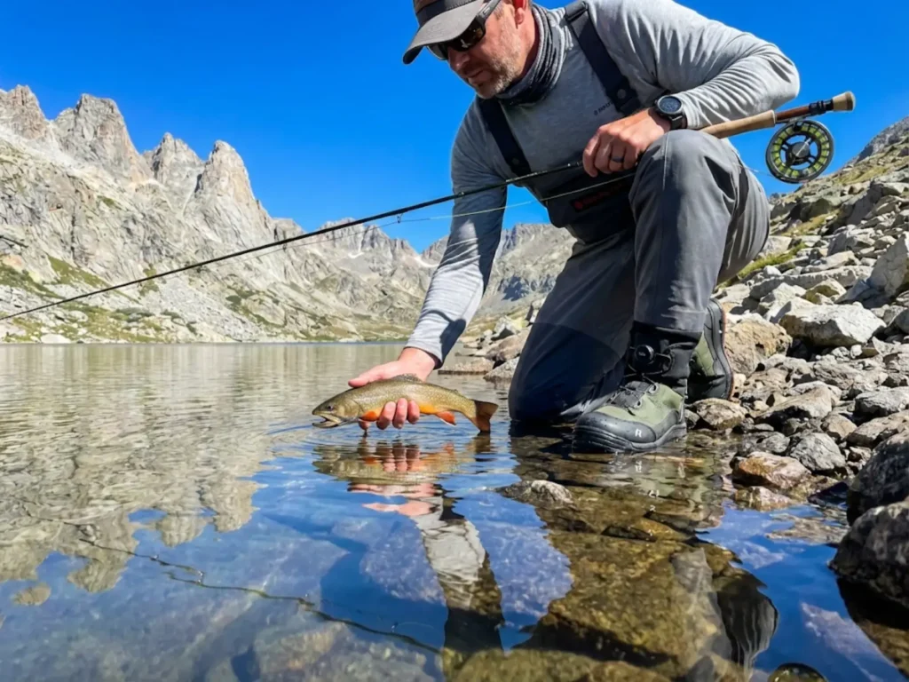 Fishing guide releasing brook trout in alpine lake using species-specific handling technique for salmonid survival