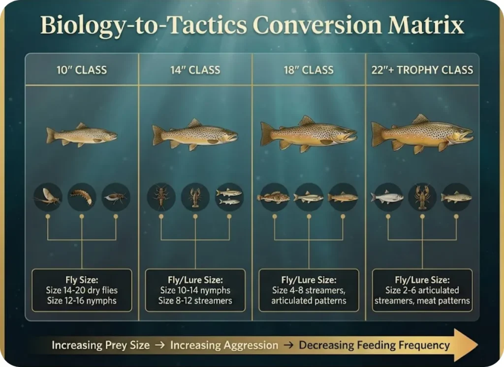 Biology-to-Tactics Conversion Matrix infographic showing brown trout size categories from 10 to 22+ inches, their primary forage preferences, and recommended fly and lure size categories for targeting each class.