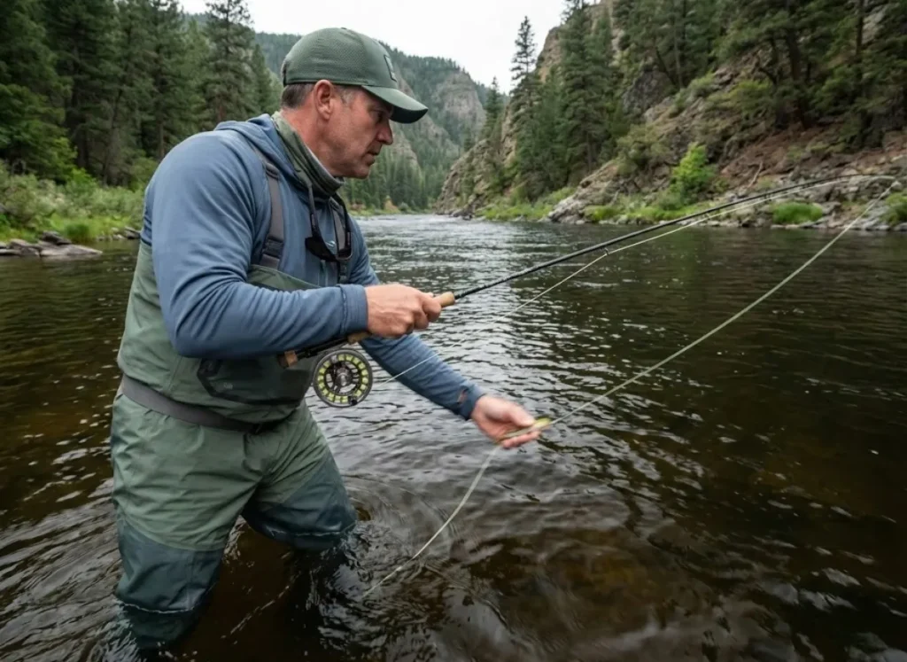 Angler aggressively stripping large articulated streamer for trophy brown trout in deep river pool