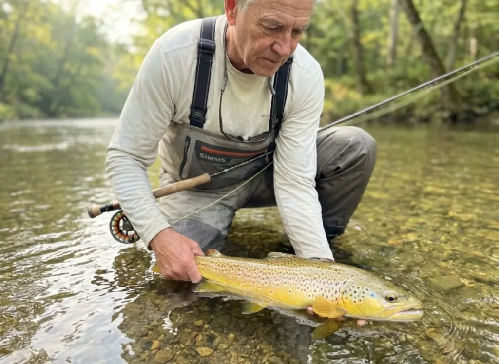 Veteran angler reverently supporting ancient trophy brown trout underwater in spring creek