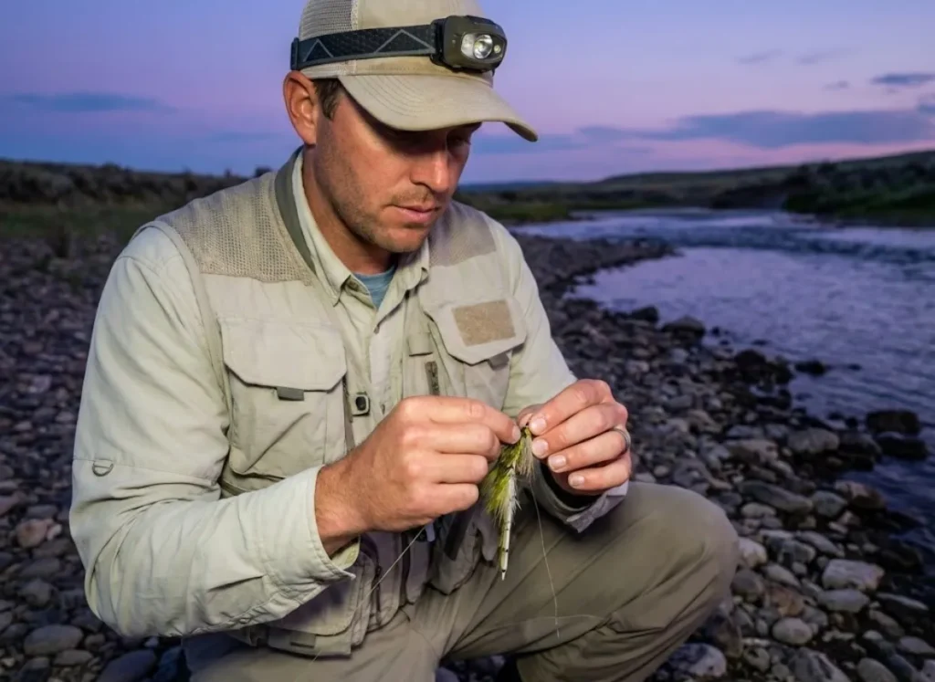 Angler tying articulated streamer at dusk preparing for night brown trout fishing