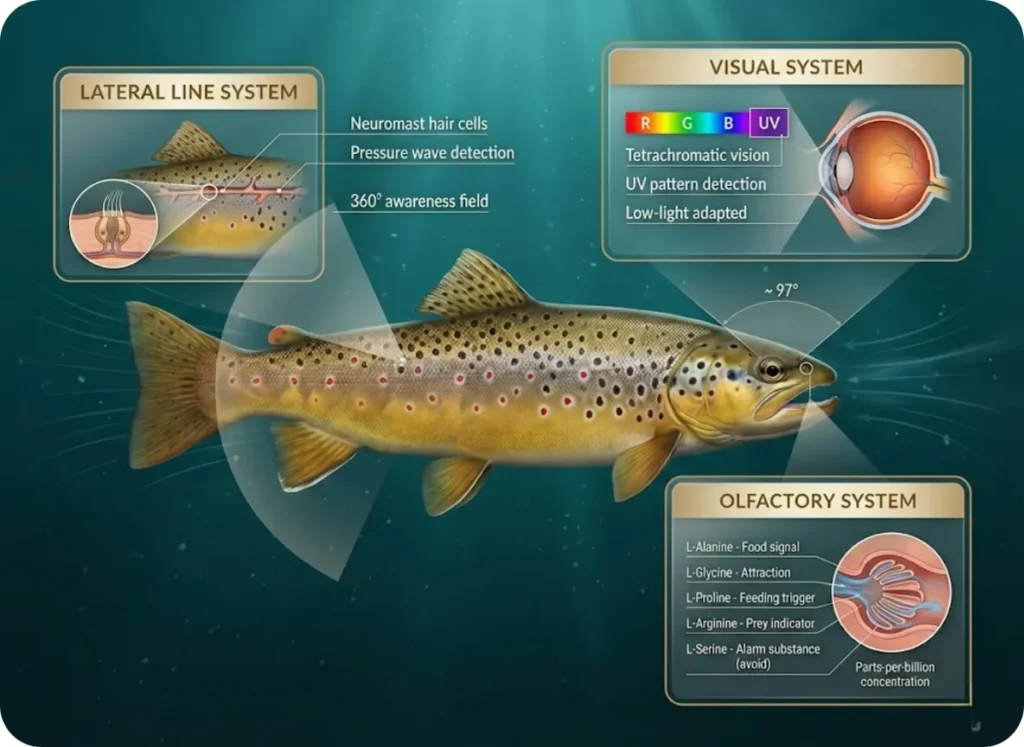 Anatomical diagram of brown trout sensory systems showing lateral line canal with neuromasts, eye with RGBUV color spectrum sensitivity, and nares with amino acid trigger detection including L-Alanine, L-Glycine, L-Proline, and L-Arginine.
