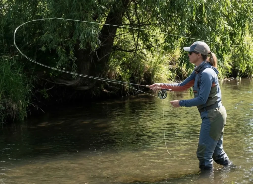 Female angler casting tight loop to shaded undercut bank targeting structure-oriented brown trout