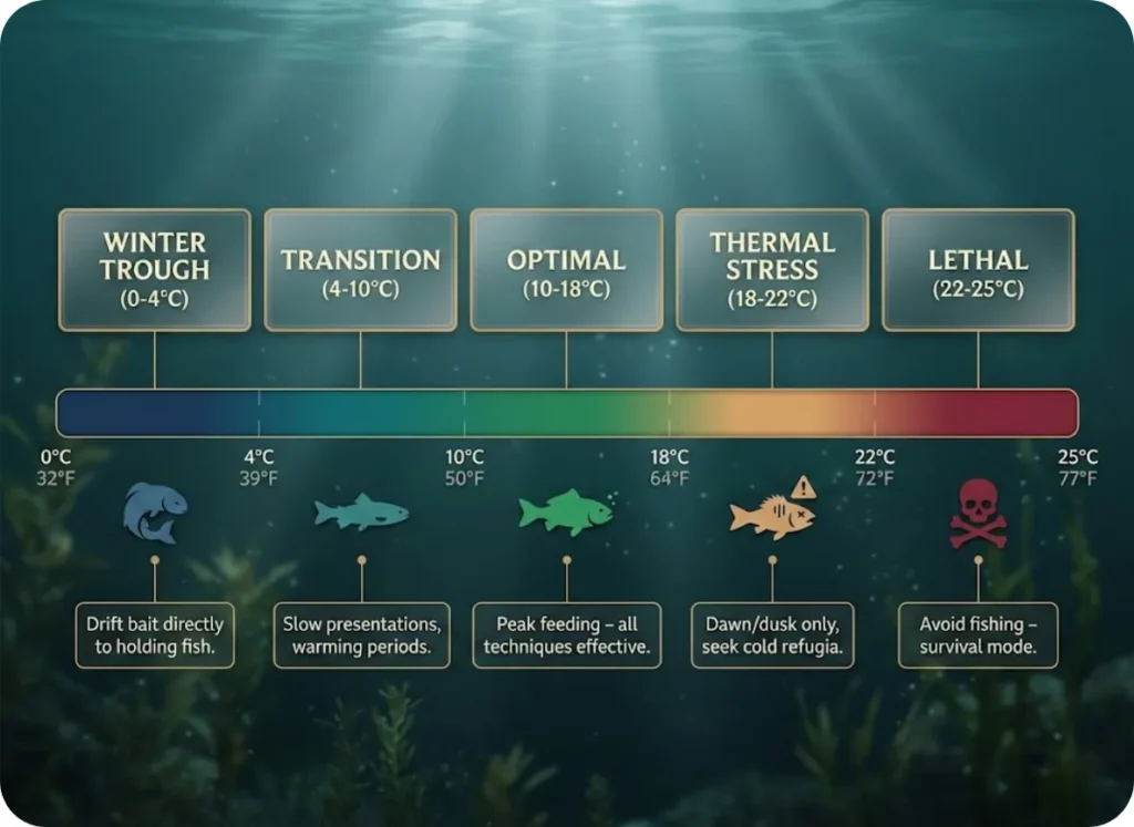Educational temperature gradient infographic showing brown trout activity zones from 0°C to 25°C, with color-coded bands for Winter Trough, Transition, Optimal, Thermal Stress, and Lethal ranges, including fishing tactics for each zone.