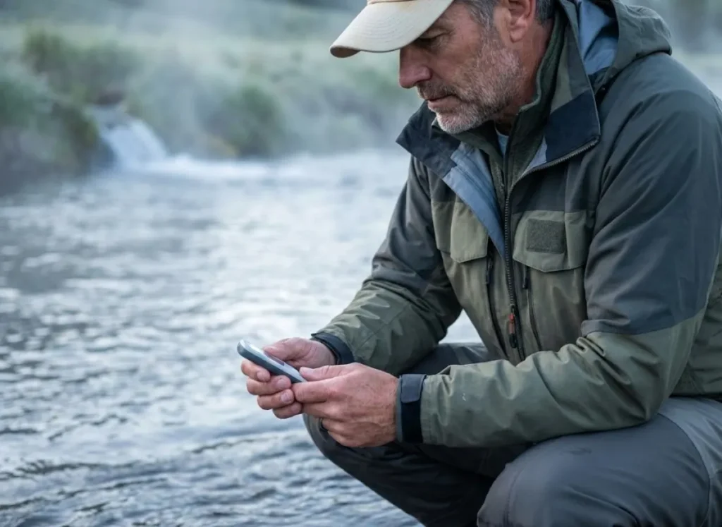 Experienced angler checking stream thermometer at spring creek thermal refuge in morning mist