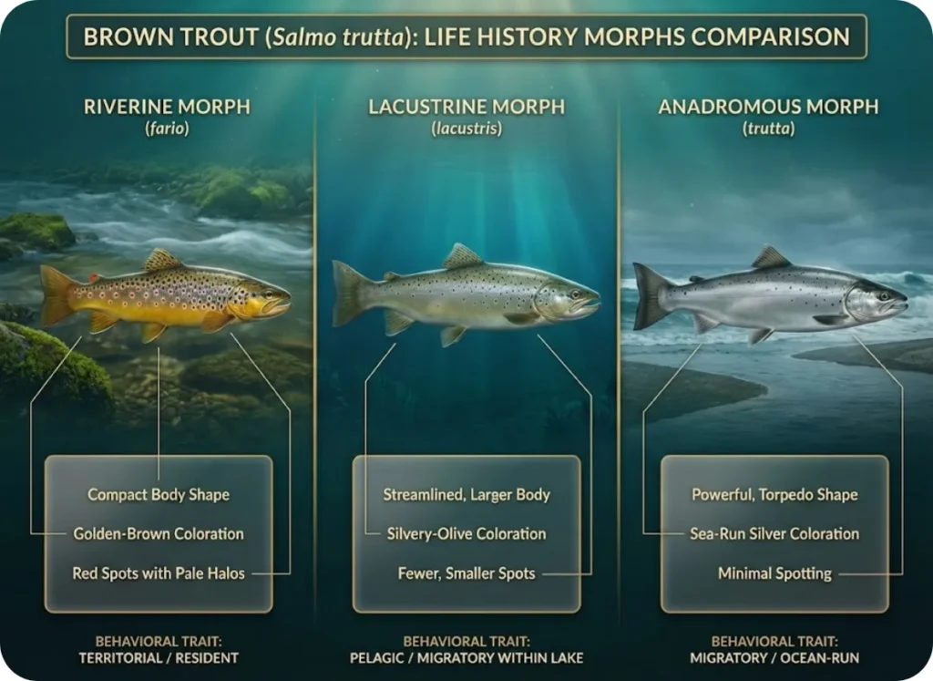Scientific comparison infographic showing the three brown trout life history morphs: Riverine fario, Lacustrine lacustris, and Anadromous trutta, with detailed coloration, silhouette, and behavioral differences.