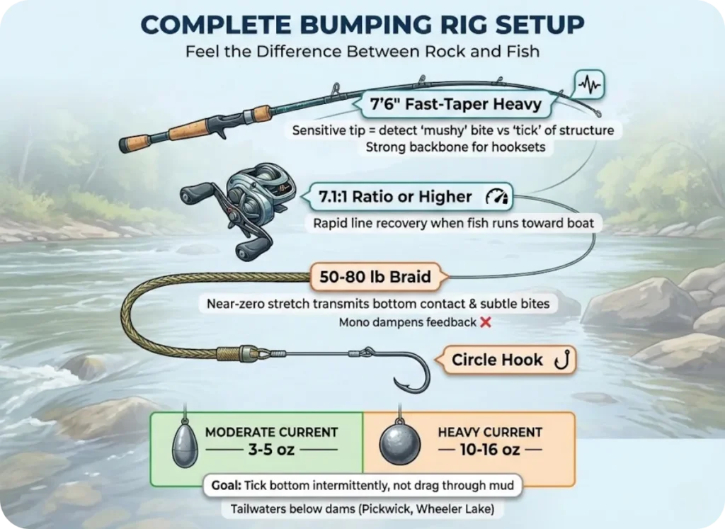 Detailed labeled diagram of a complete bumping rig for catfishing showing rod specifications (7'6" fast-taper heavy), high-speed reel (7.1:1 ratio), braided main line (50-80 lb), leader, circle hook, and sinker weight options for moderate and heavy current conditions.
