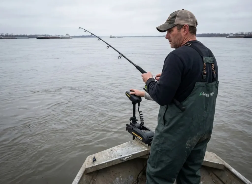 Catfish angler bumping cut bait on Mississippi River controlling trolling motor and rod angle