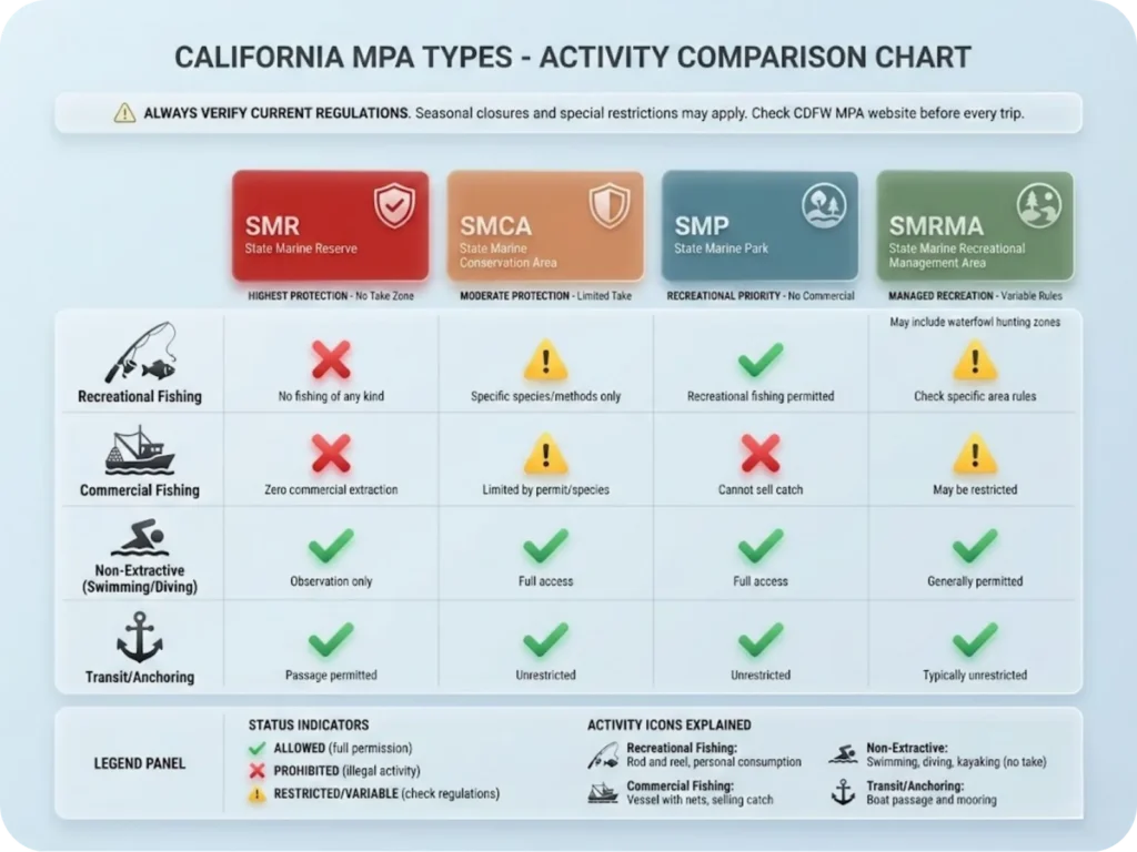 Comparison chart showing four California Marine Protected Area types with allowed and prohibited activities for recreational and commercial fishing.
