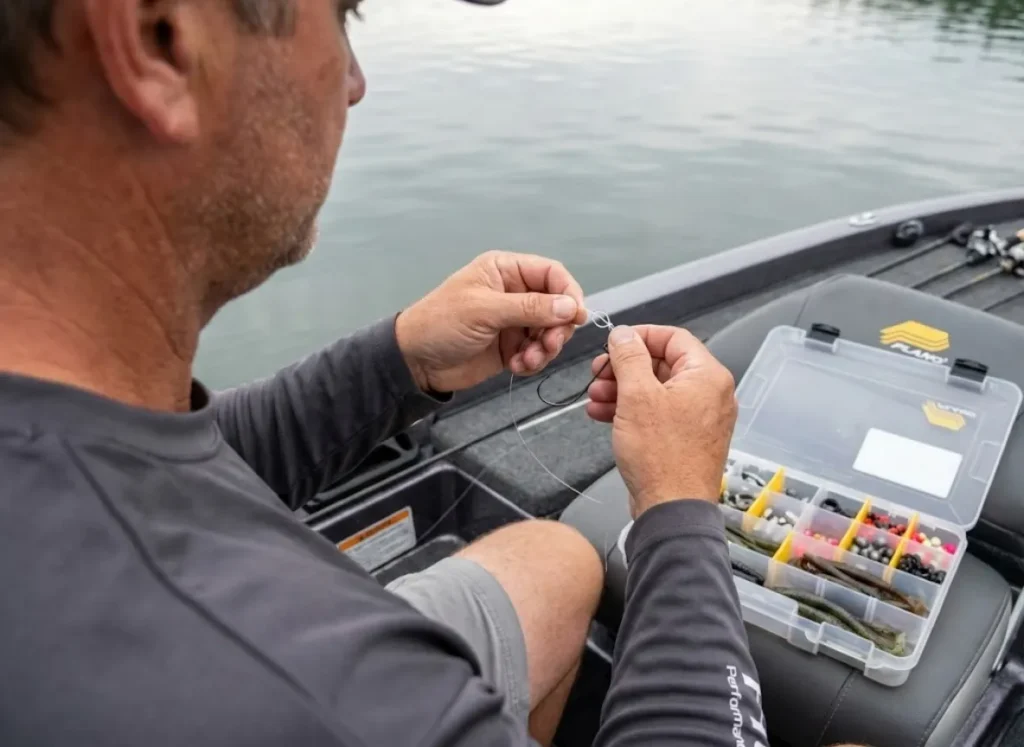 Angler tying Palomar knot on Carolina Rig leader with tackle components organized nearby