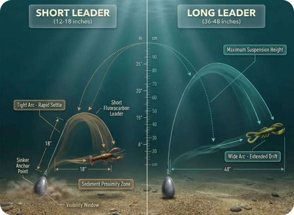 Side-by-side underwater comparison diagram showing 12-inch short leader versus 48-inch long leader on Carolina rigs, illustrating differences in drift arc amplitude, lure suspension height, and sediment cloud proximity.