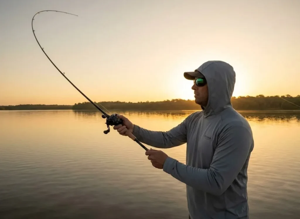 Angler executing side-arm lob cast with Carolina Rig in golden morning backlight