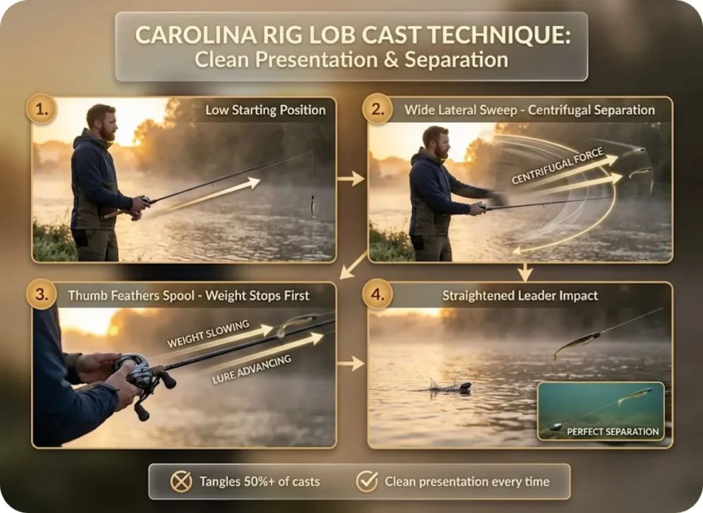 Four-frame photo sequence demonstrating the Carolina rig lob cast technique showing rod position at cast start, side-arm sweeping motion, spool feathering at water entry, and straightened leader on impact.