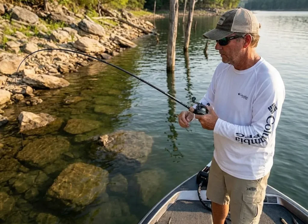 Angler dragging Carolina Rig across rocky structure watching rod tip for bass strike