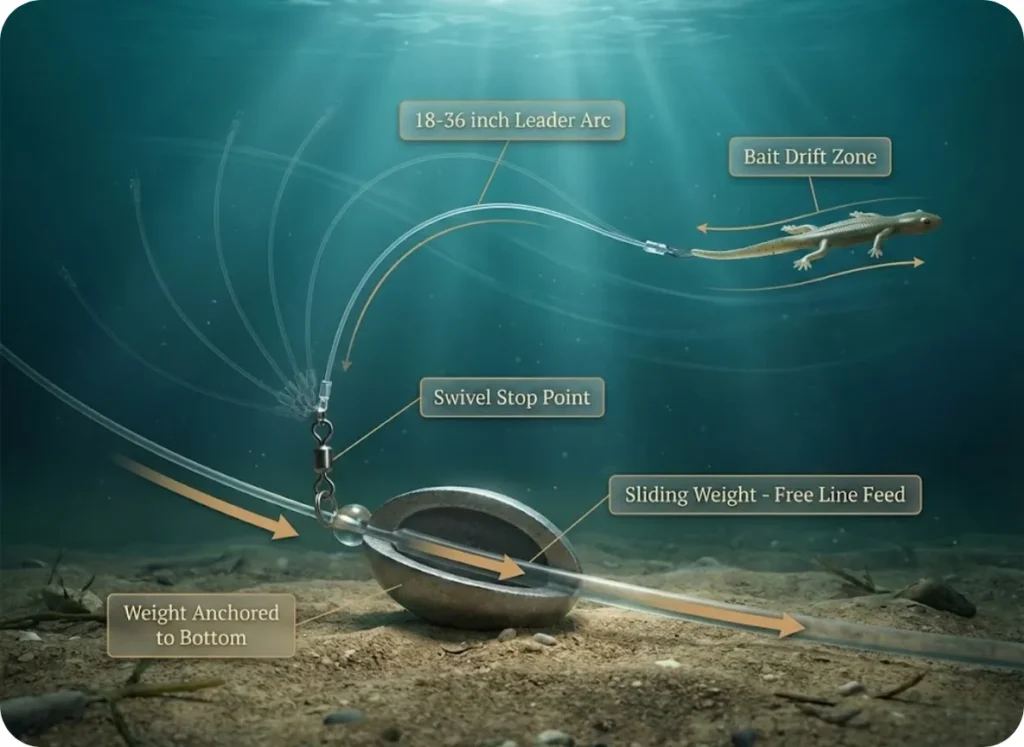 Cross-section educational diagram showing Carolina rig components including the sliding egg weight mechanism, line feeding through sinker bore, leader pendulum arc, and soft plastic bait drift trajectory during pause.