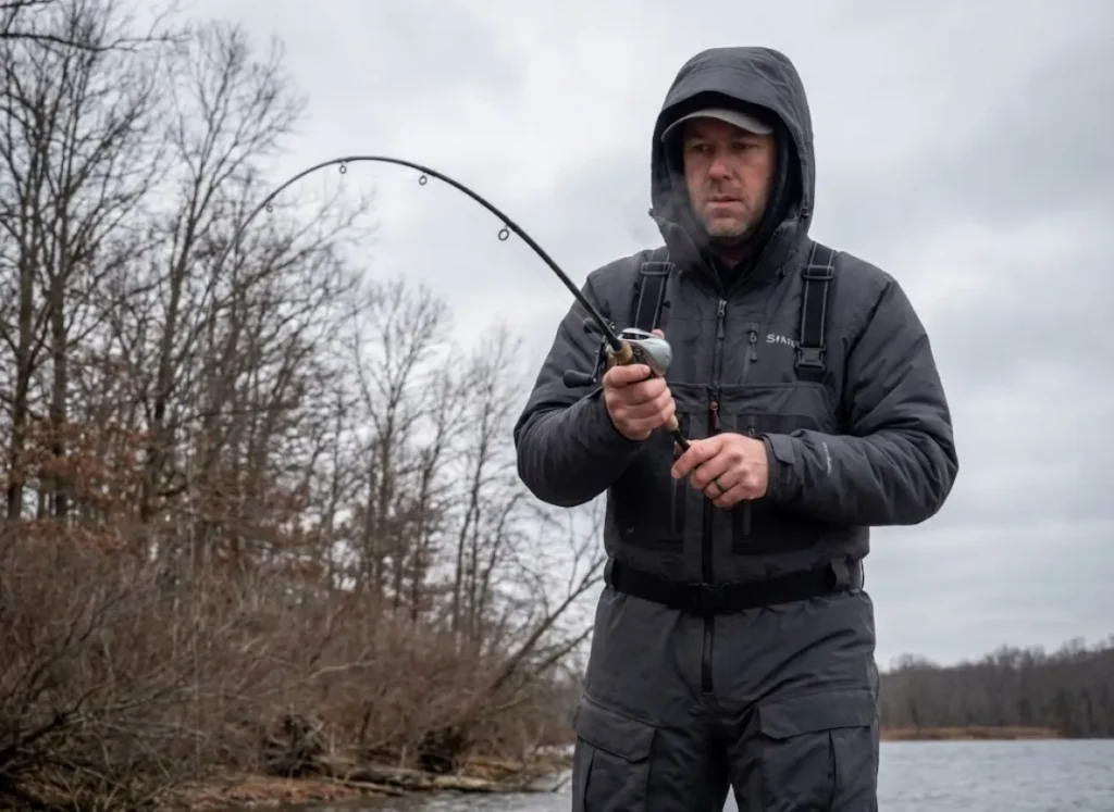 Angler fighting bass on Carolina Rig in cold winter conditions with bent rod