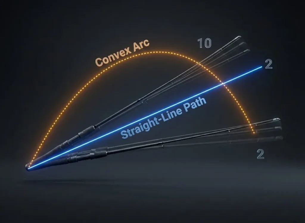A technical split-view diagram comparing fishing casting paths. A high, inefficient dotted curve is labeled Convex Arc, contrasted with a sharp, horizontal glowing line labeled Straight-Line Path. Holographic numbers 10 and 2 mark the casting angles.