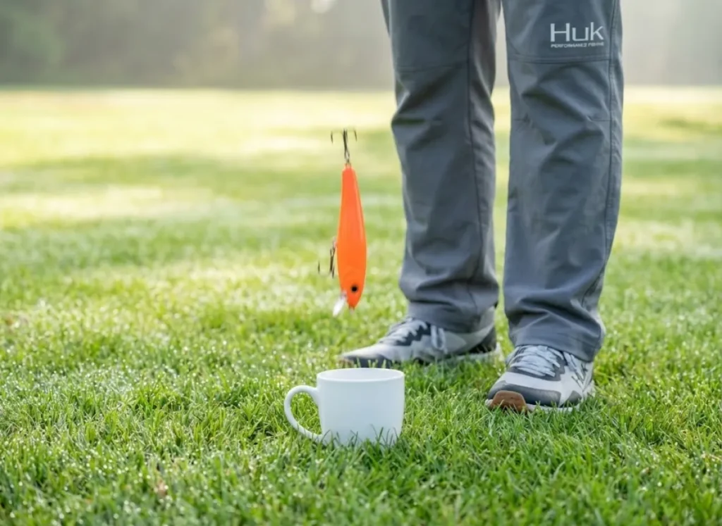 Low-angle shot of a practice casting plug about to land in a coffee cup on a grassy lawn, illustrating the Tea Cup accuracy drill.