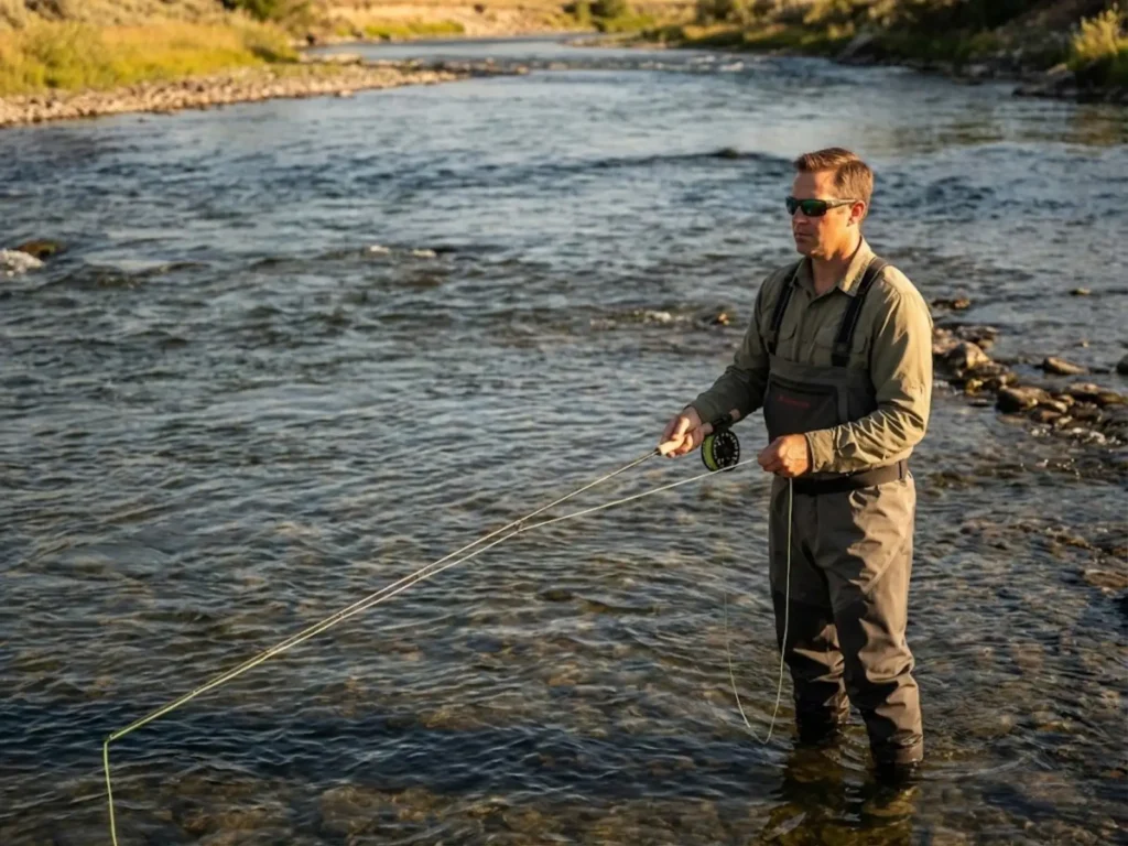 Angler demonstrating casting radius measurement for proper fishing etiquette spacing