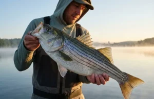 Catch Striped Bass in Freshwater Reservoirs Angler in Simms gear holding a large striped bass at sunrise on a freshwater reservoir with a dam in the background.