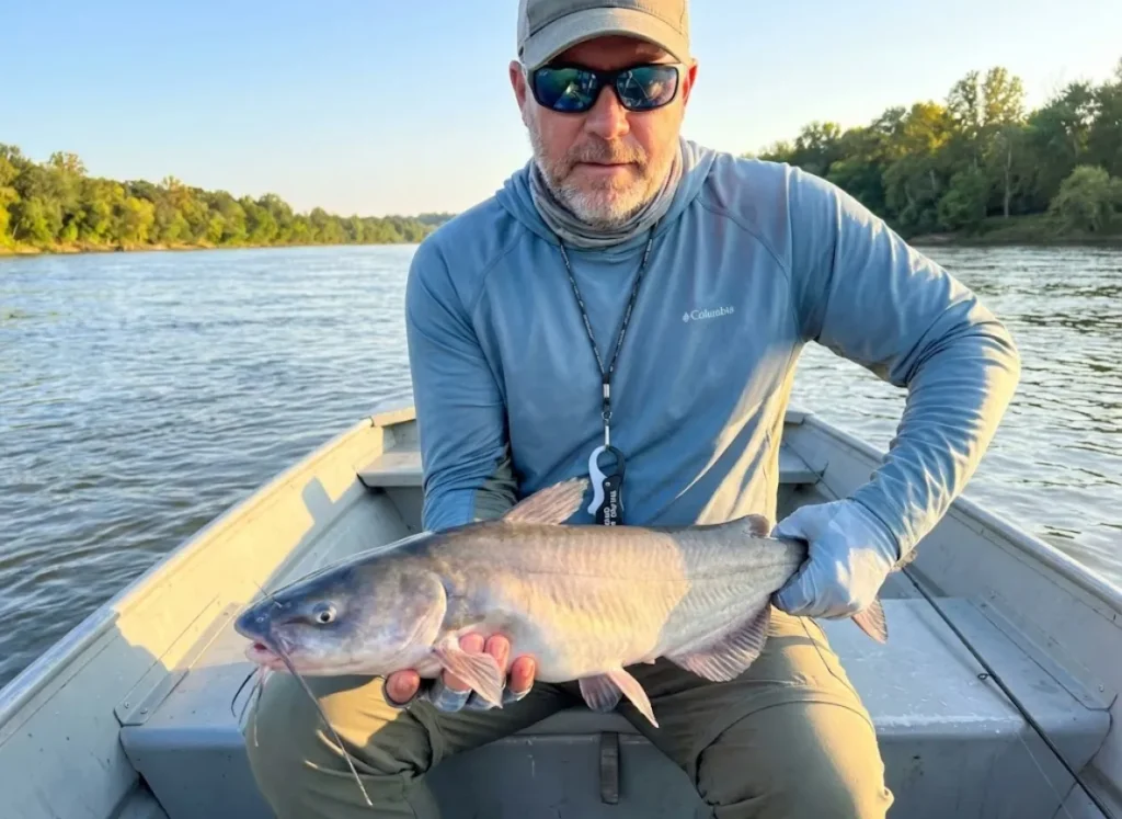 Fishing guide demonstrating belly cradle grip on medium catfish from boat