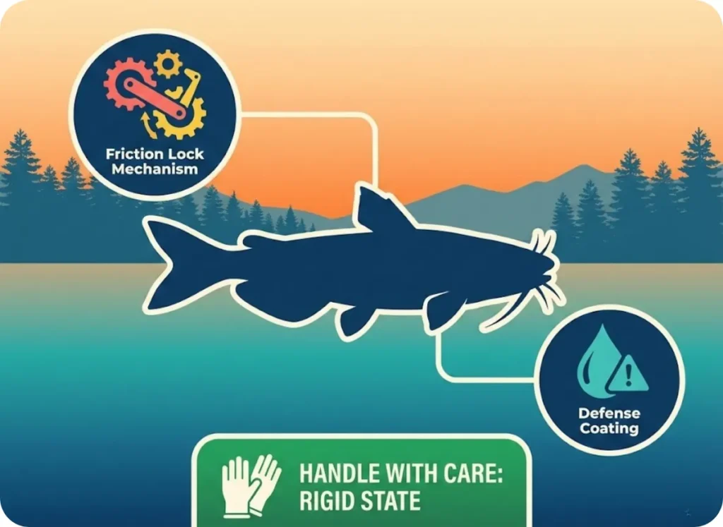 An educational safety infographic for anglers featuring a fish silhouette against a sunset lake, using abstract icons to explain handling precautions and mechanical locking fins.