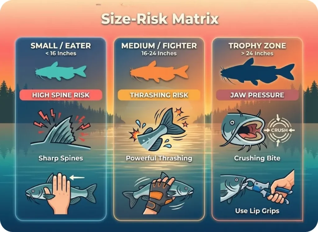 A fishing safety matrix showing three catfish size categories with illustrated icons indicating specific risks like sharp spines for small fish and jaw pressure for trophy fish, set against a sunset lake background.