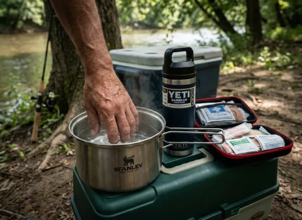 Angler using hot water immersion treatment for catfish spine sting in field