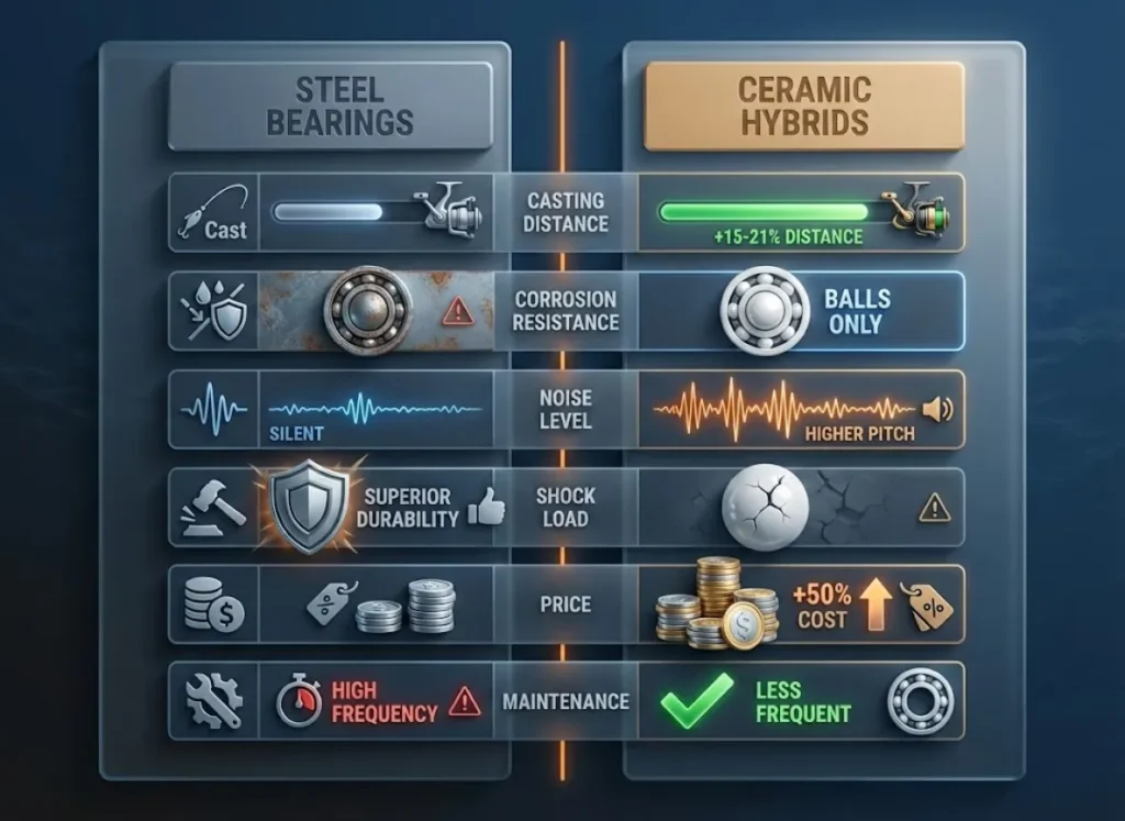 A high-definition, technical comparison matrix displaying the performance differences between ceramic and steel fishing reel bearings. It visualizes data points for casting distance, corrosion resistance, noise levels, shock load, price, and maintenance frequency using 3D bars and icons.
