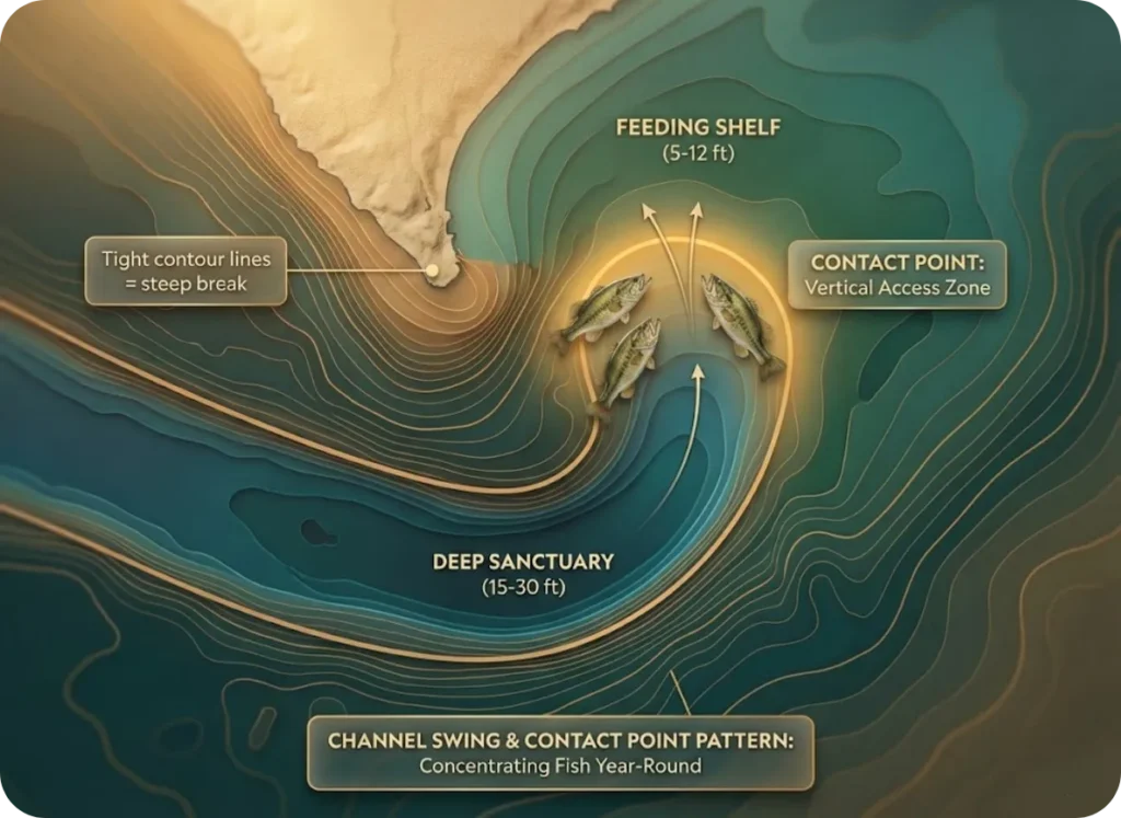 Overhead contour map infographic showing a river channel thalweg swinging into contact with a shoreline point, with color-coded zones illustrating deep sanctuary water meeting a shallow feeding shelf where bass position.