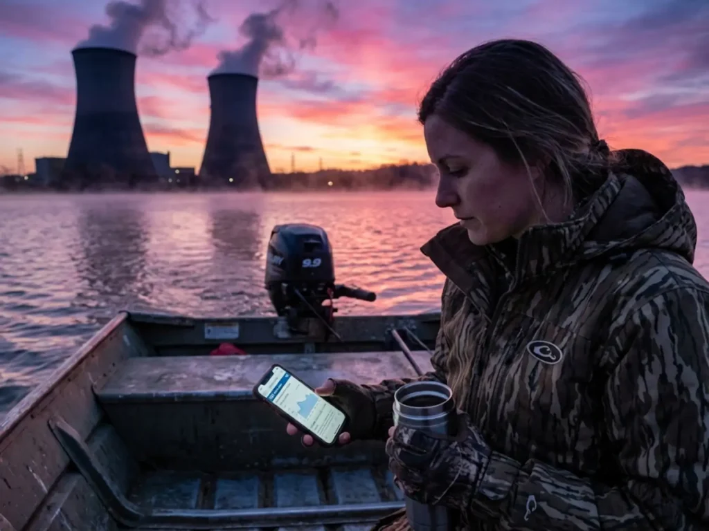 Angler checking power plant generation schedule on phone before sunrise fishing
