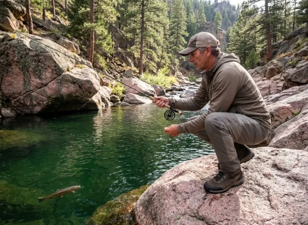 Angler sight-fishing in Cheesman Canyon emerald pool among granite boulders